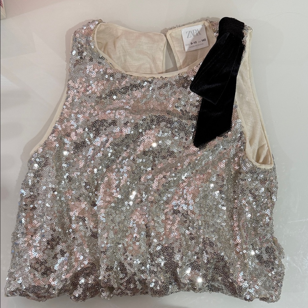 Girls Zara Sparkling Silver Sequin Top with Bow Accent